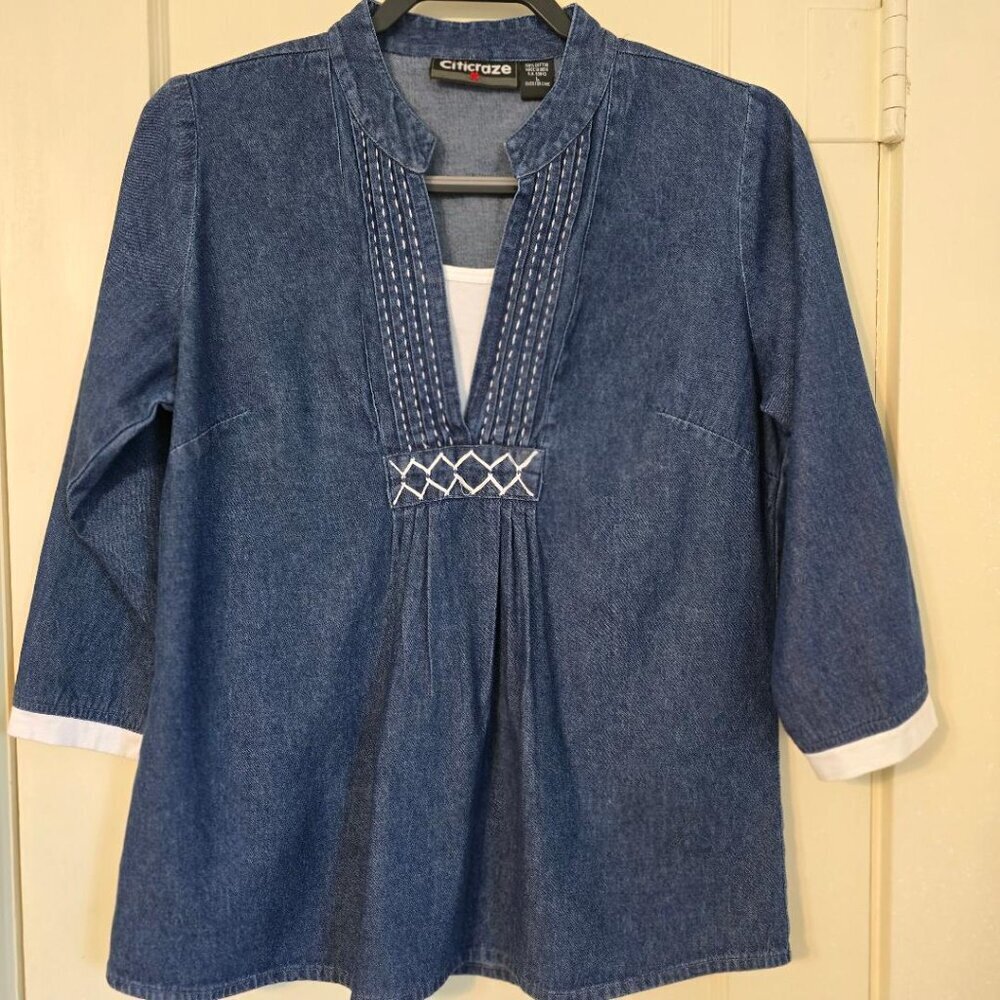 Citicraze L 100% Cotton Blue Jean Casual Long Sleeve V-Neck w/T-shirt inlet Top